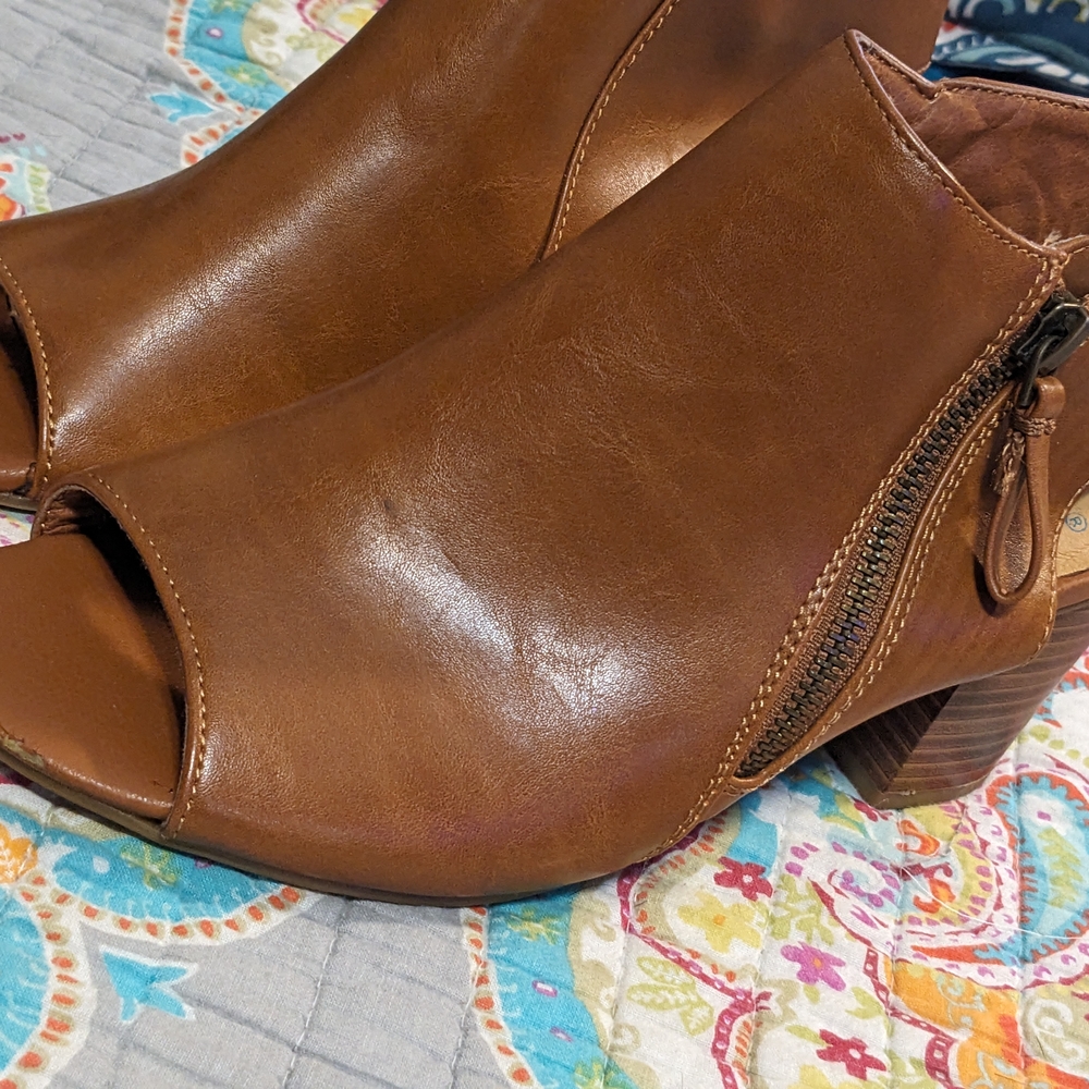Brown Leather Peep-Toe Ankle Boots